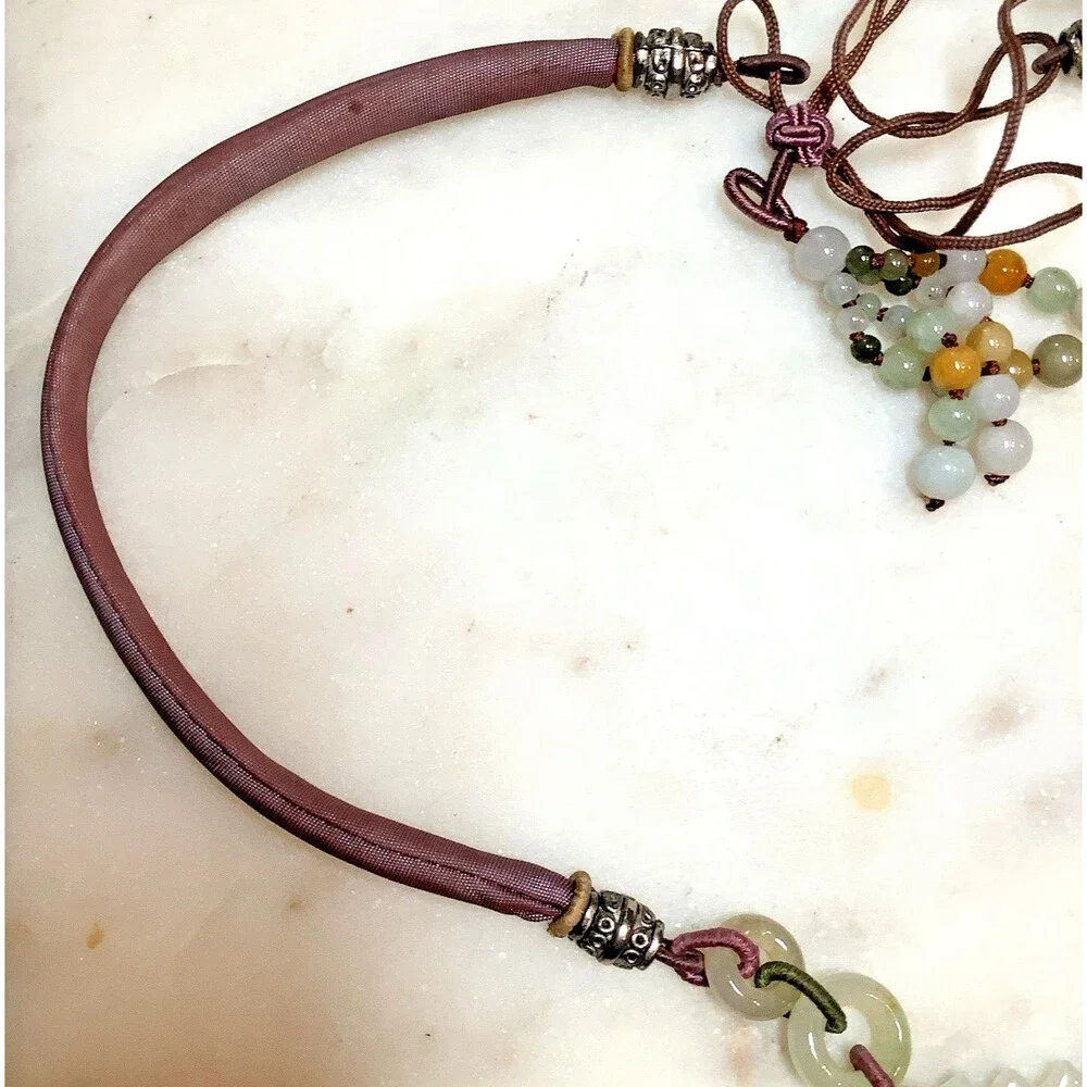 Vintage Jadeite Carved Necklace Y-Drop Pendant Silk Cord Asian Bead Lariat